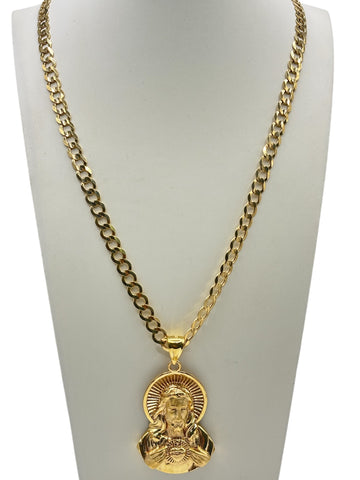 10k Gold solid Cuban Chain with pendant of Sacred heart of Jesus 26in 5.8mm