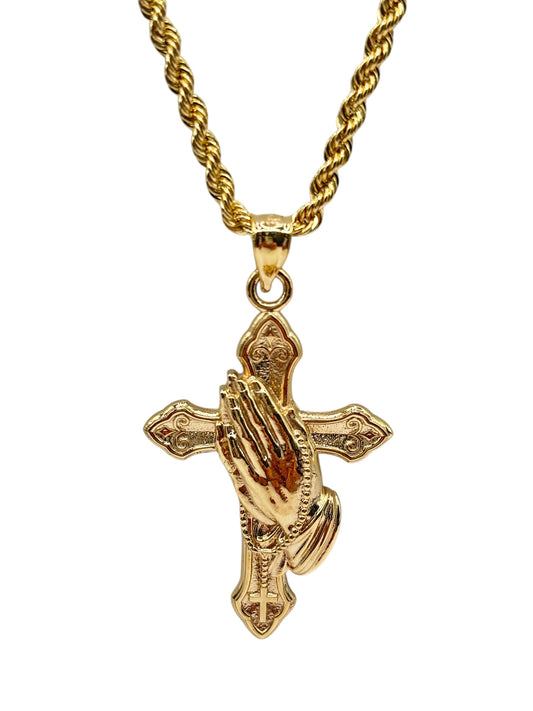 10k Gold Rope Chain with cross and hands of Jesus pendant 24in 2.8mm