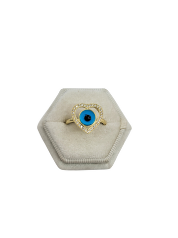 10K gold ring, blue eye in heart. Size 7. CZ stone.