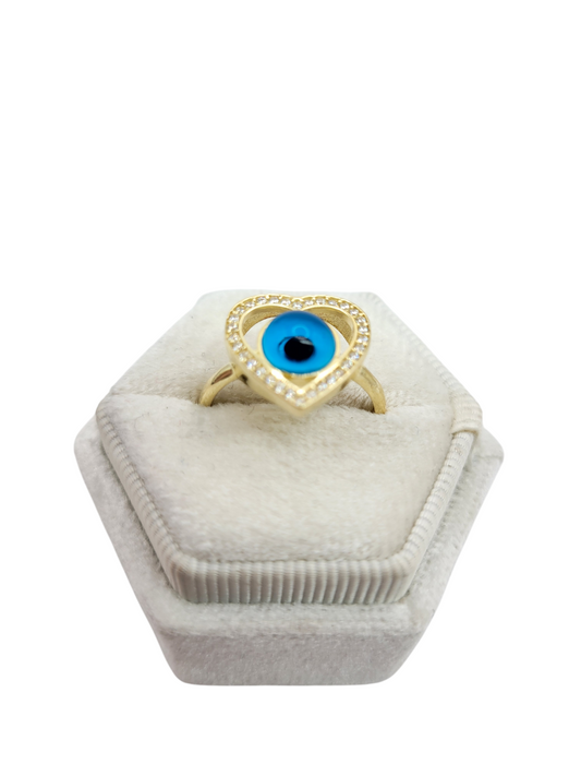 10K gold ring, blue eye in heart. Size 7. CZ stone.