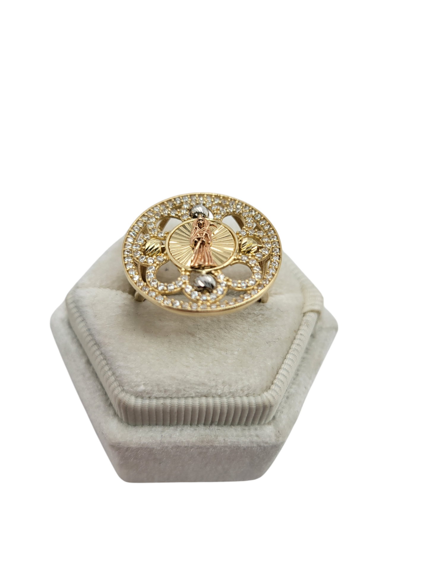 10K gold ring, Santa Muerte. Size 8. CZ stone