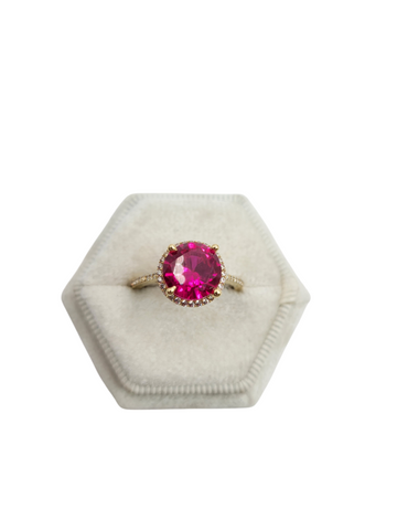 10K Gold Ring Round Pink Stone . Size 7 . CZ Stone