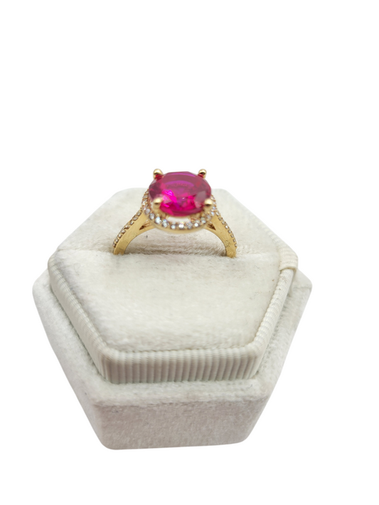 10K Gold Ring Round Pink Stone . Size 7 . CZ Stone