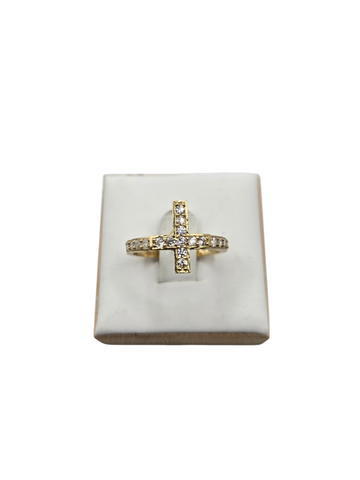 10K Golden Ring Cross Style, Size 6.5 CZ stones