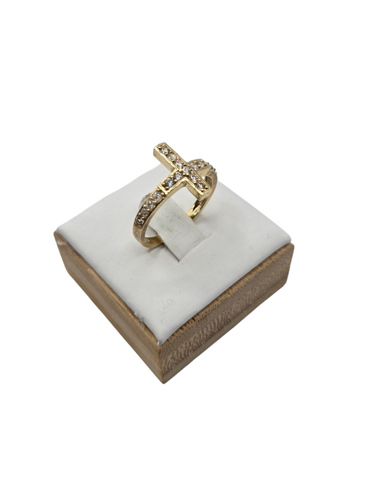 10K Golden Ring Cross Style, Size 6.5 CZ stones