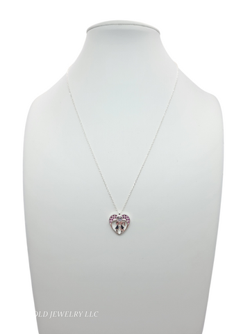 925 sterling silver chain. Pink heart pendant with children. 18in. 1mm.