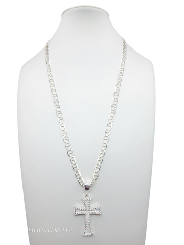 925 sterling silver chain. Embossed cross pendant. 24in. 6mm.