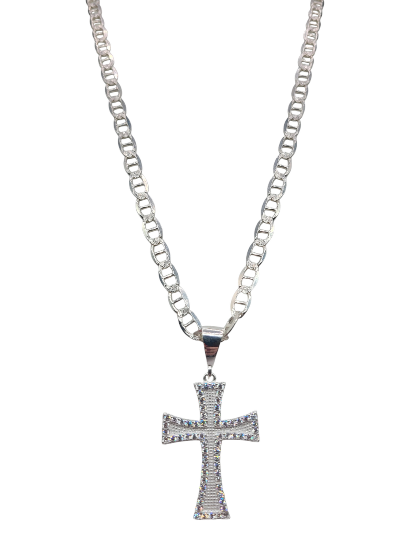 925 sterling silver chain. Embossed cross pendant. 24in. 6mm.