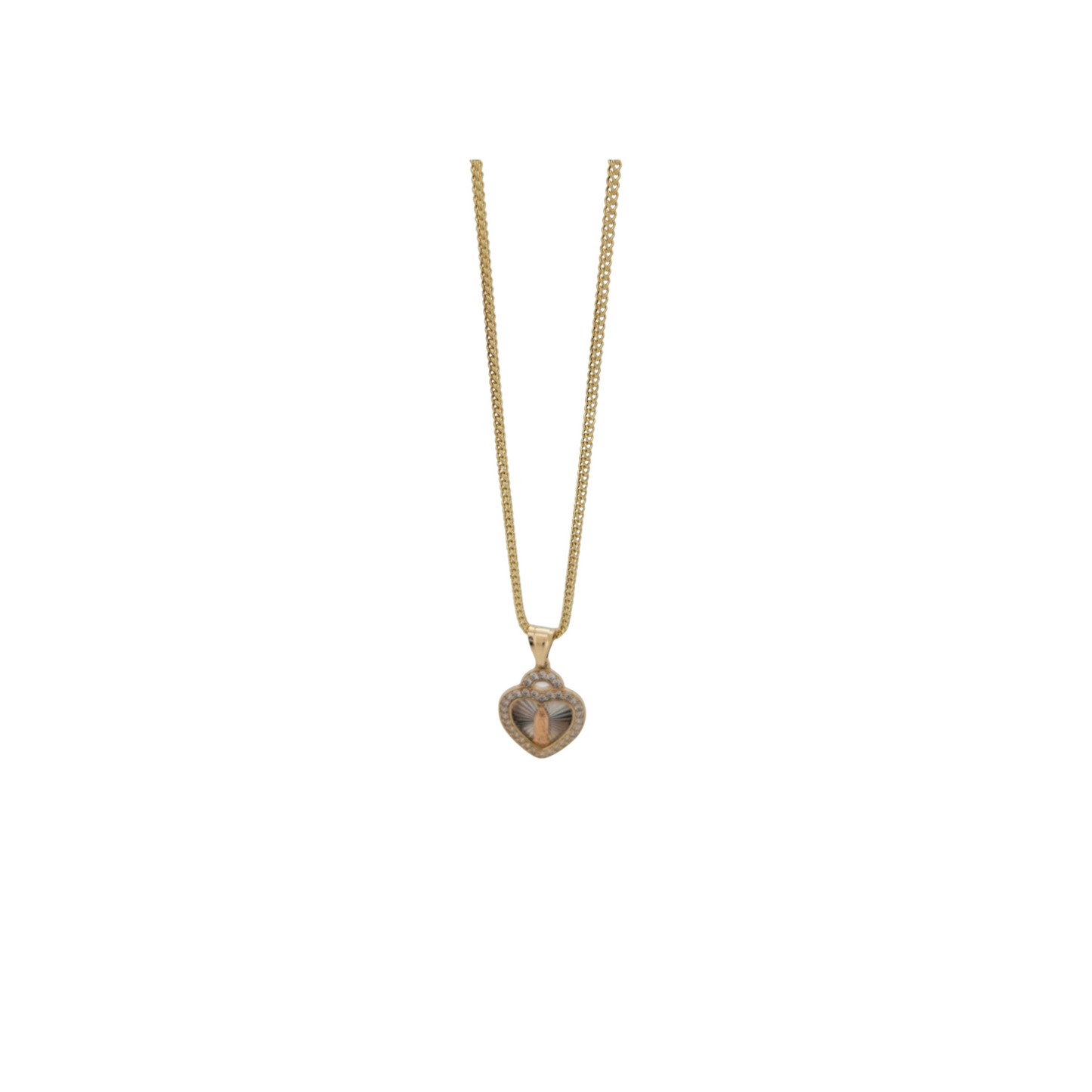 14K gold Franco chain. Heart pendant with Virgin of Guadalupe. 20in . 1.5mm