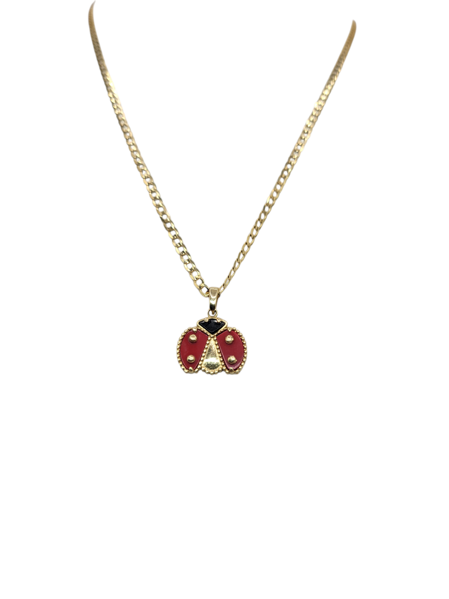 Solid 10K gold Cuban chain. Ladybug pendant. 18 in. 3mm