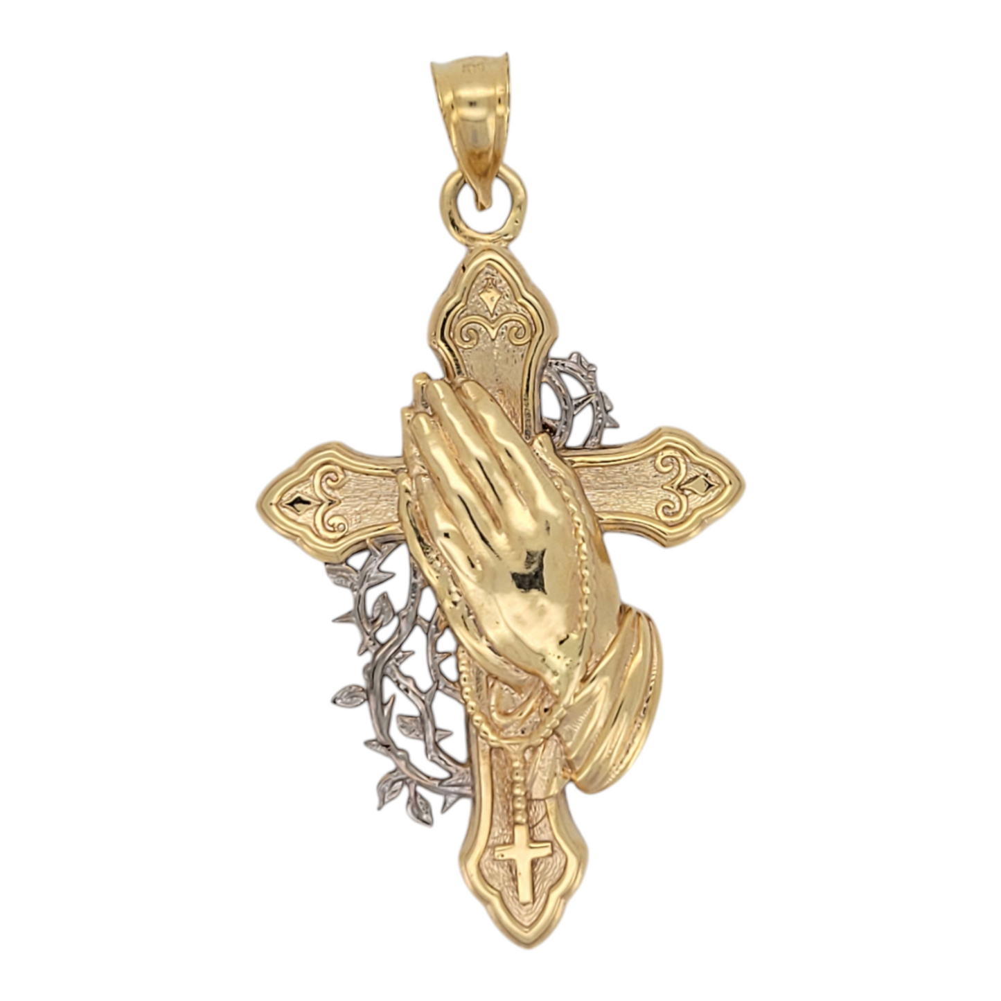 10K gold pendant with a cross and the hands of Jesus. Details in white gold.
