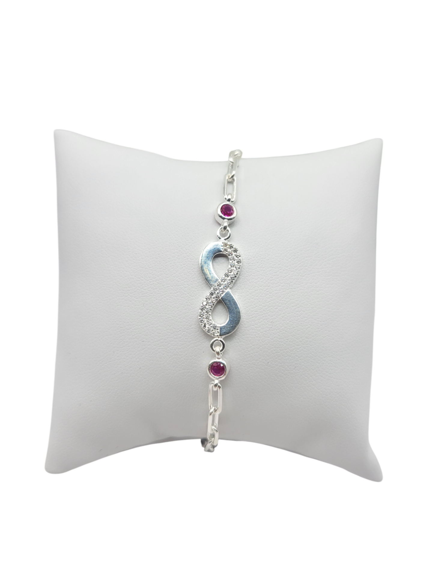 925 silver bracelet. Infinity symbol. Red CZ stone. 7.5in . 3.5mm.