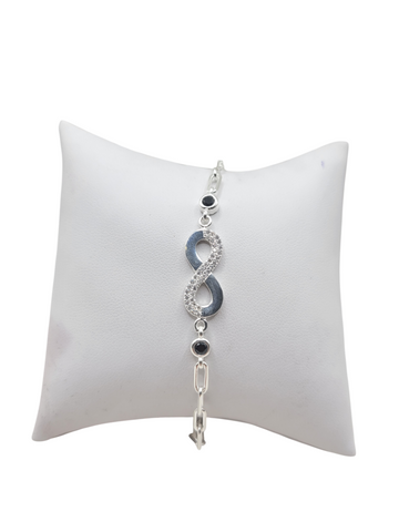 925 Sterling Silver Bracelet. Simple Infinity Symbol. Black CZ Stones. 7.5in. 3mm.