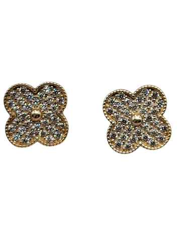 10K gold earrings. Four-petal flower. White CZ stones.