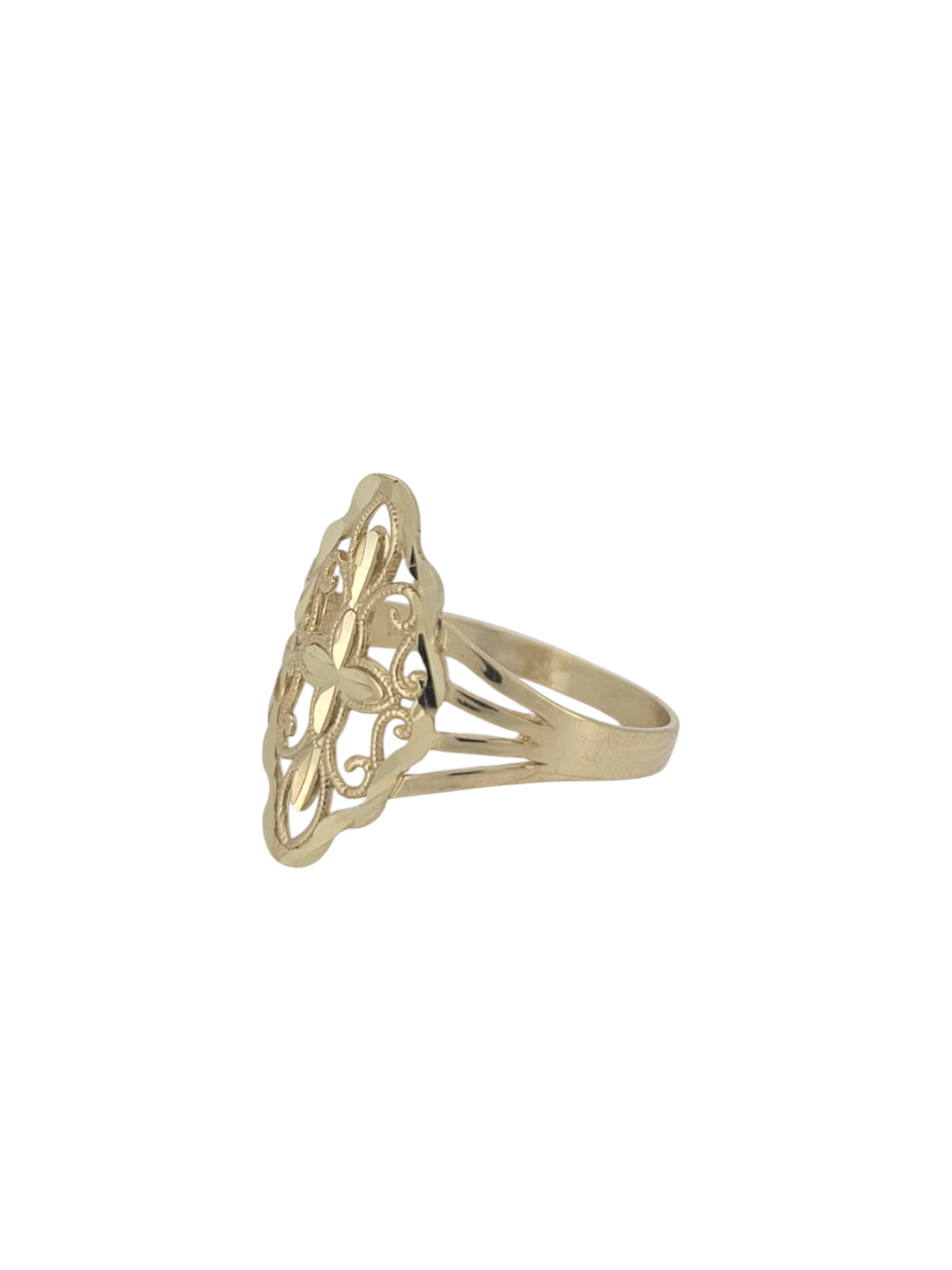 10K gold ring. Walnut shape with central cross. Size 9