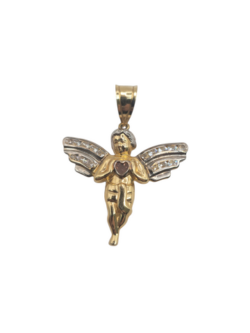10K gold pendant. Angel with a central heart. CZ stone.