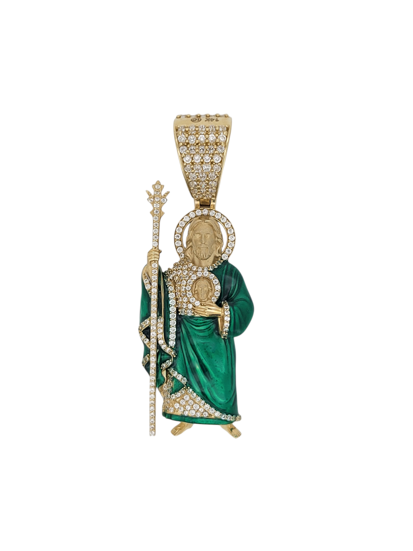 14K gold pendant. Saint Jude. CZ stones.