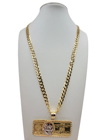 10K gold Cuban chain. 100-dollar bill pendant. 20 inches. 6 mm.