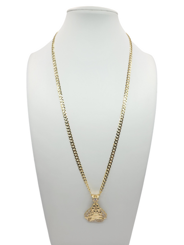 10K Gold Cuban Chain. Buddha Faith Pendant. CZ Stone. 24in. 0.5mm