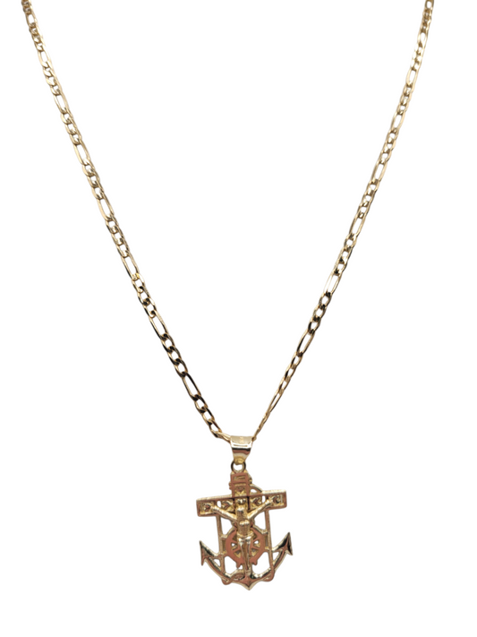 10K Gold Figaro Chain. Anchor Pendant. 22in. 2.5mm