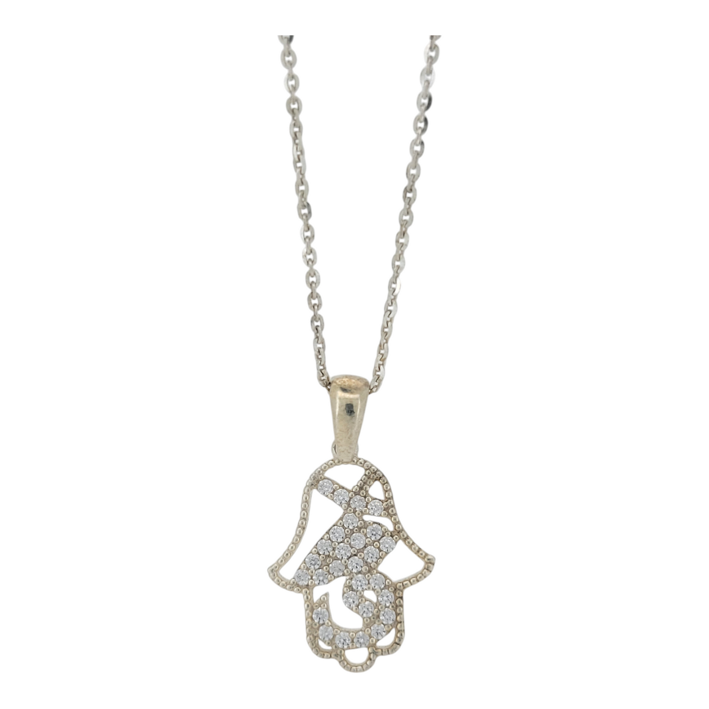 925 sterling silver chain. Fatima's hand pendant. CZ stones . 18in . 1mm