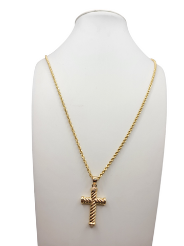 10K Gold Rope Chain. Cross Pendant. 24in. 2.5mm
