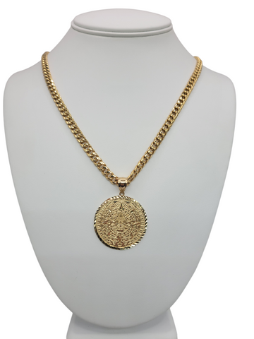10K gold Cuban chain. Mayan calendar pendant. 22in . 6mm