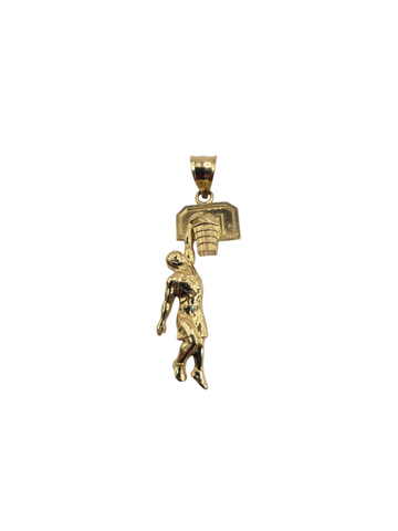 10K gold pendant. Basketball player with basket.