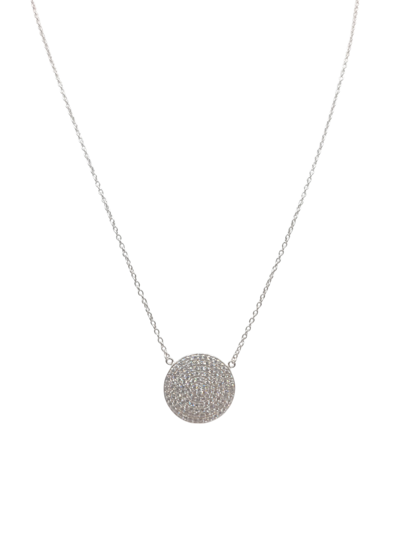 925 silver chain. Circle pendant with CZ stone. 18in. 1mm