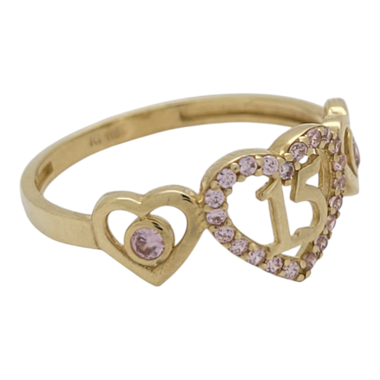 10K gold ring. Quinceañera. 3 hearts. Pink CZ stones. Size 8