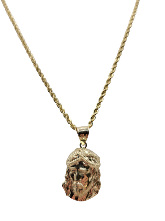 10K Gold Rope Chain. Large Jesus Pendant. 24in. 2mm
