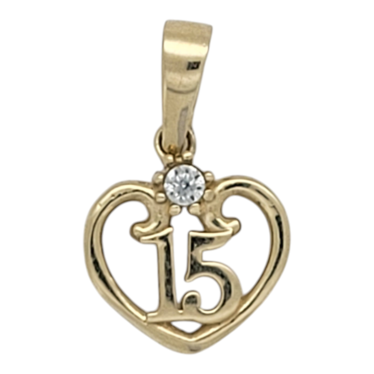 10K gold pendant. Quinceañera. Heart with white CZ stone