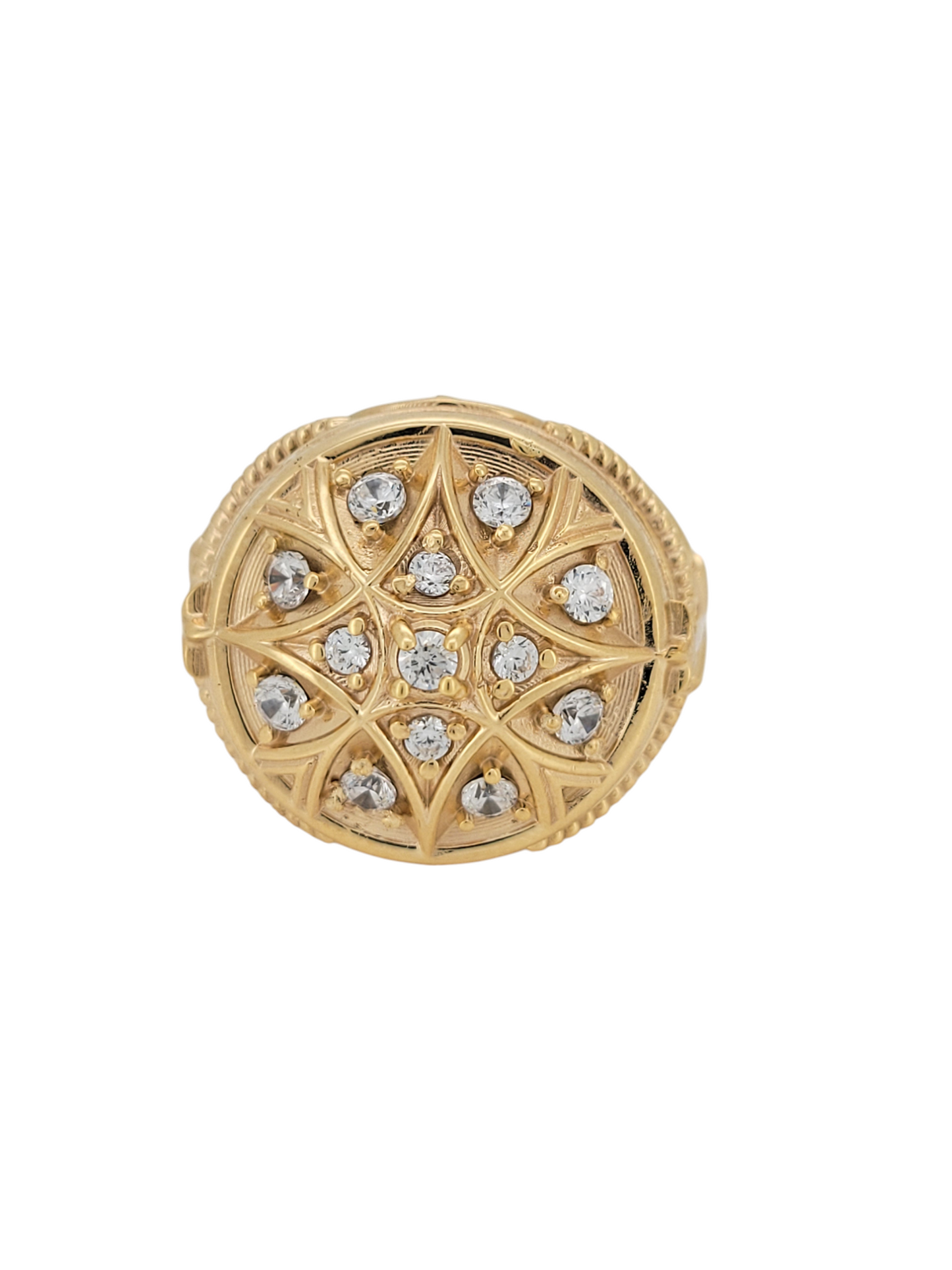 10K gold ring. Rosette. White CZ stones . Size 9