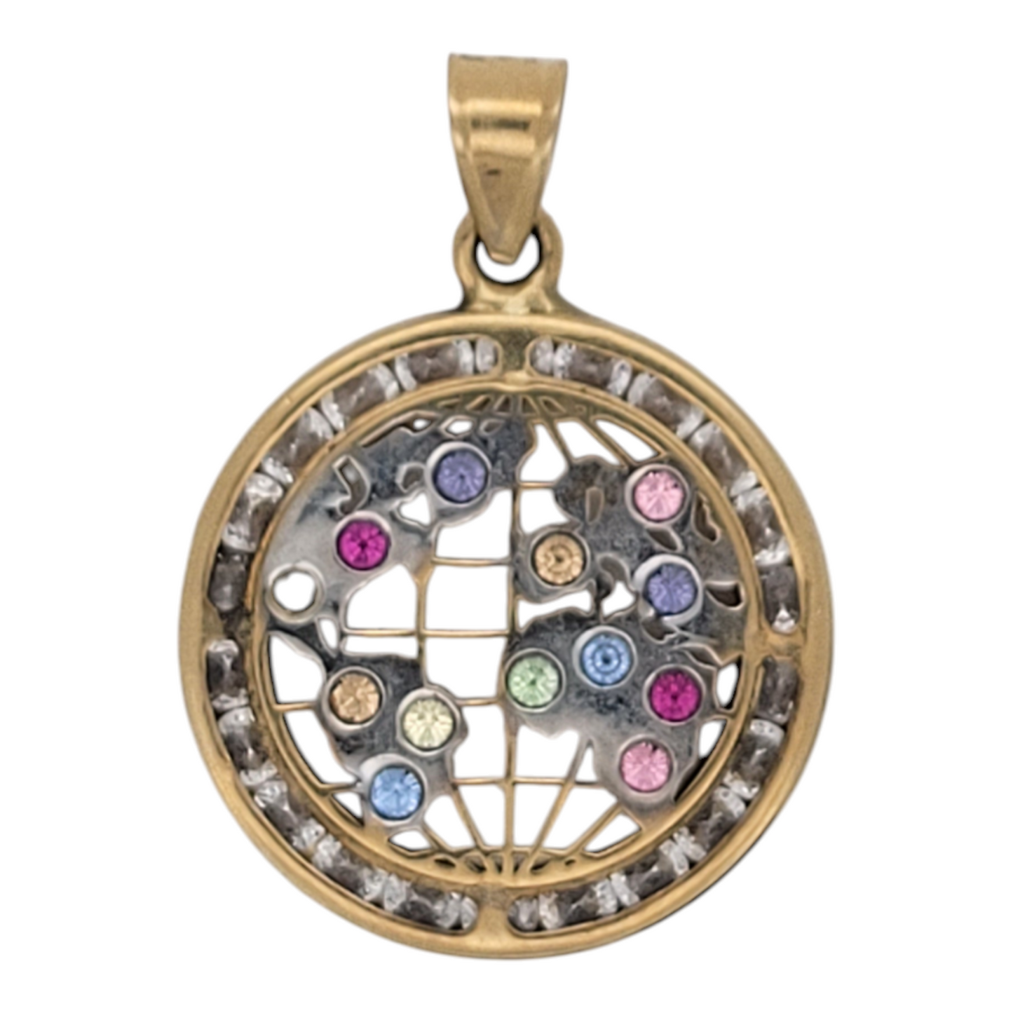 10K gold globe pendant with white details and CZ stones