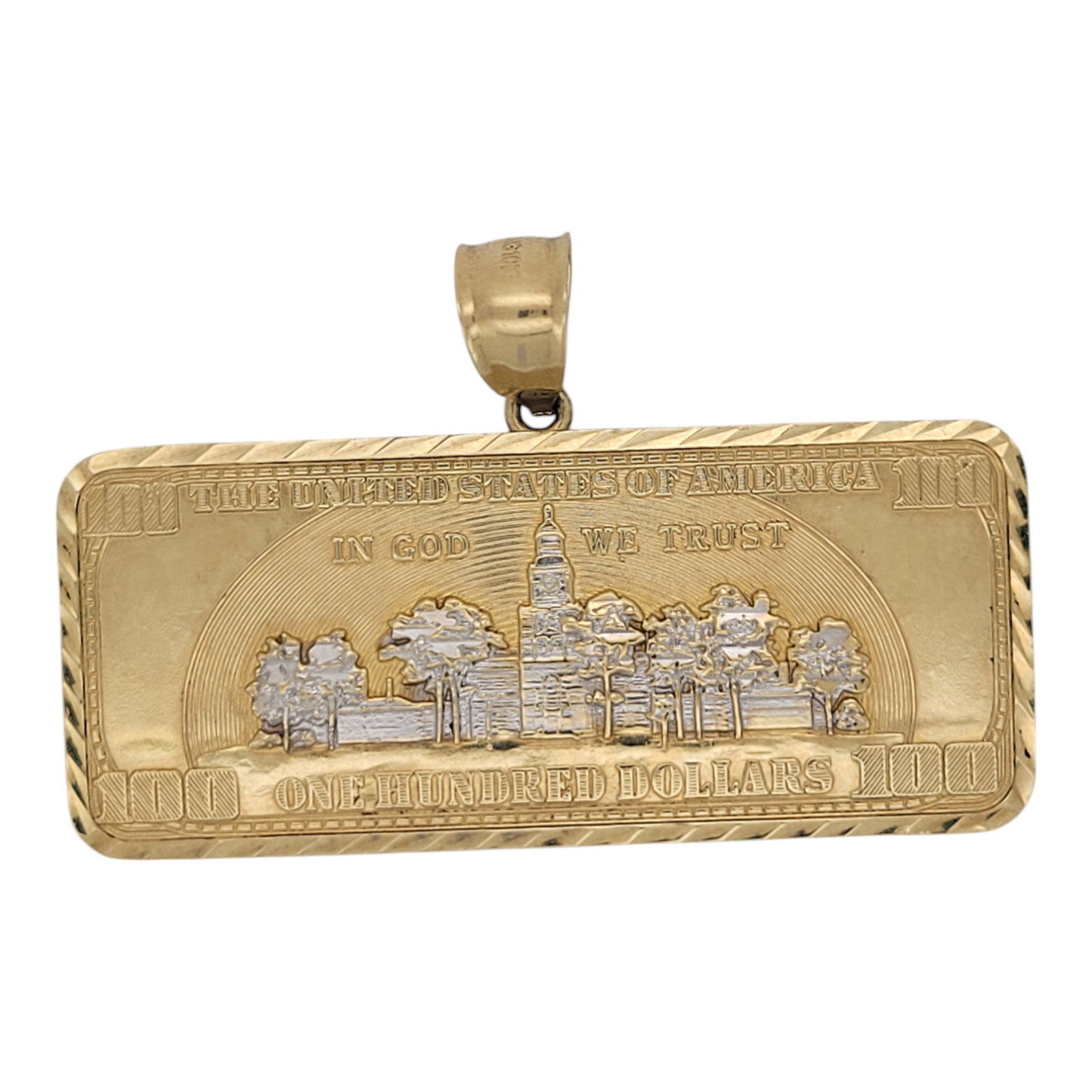 10K gold pendant. 100 dollar bill.