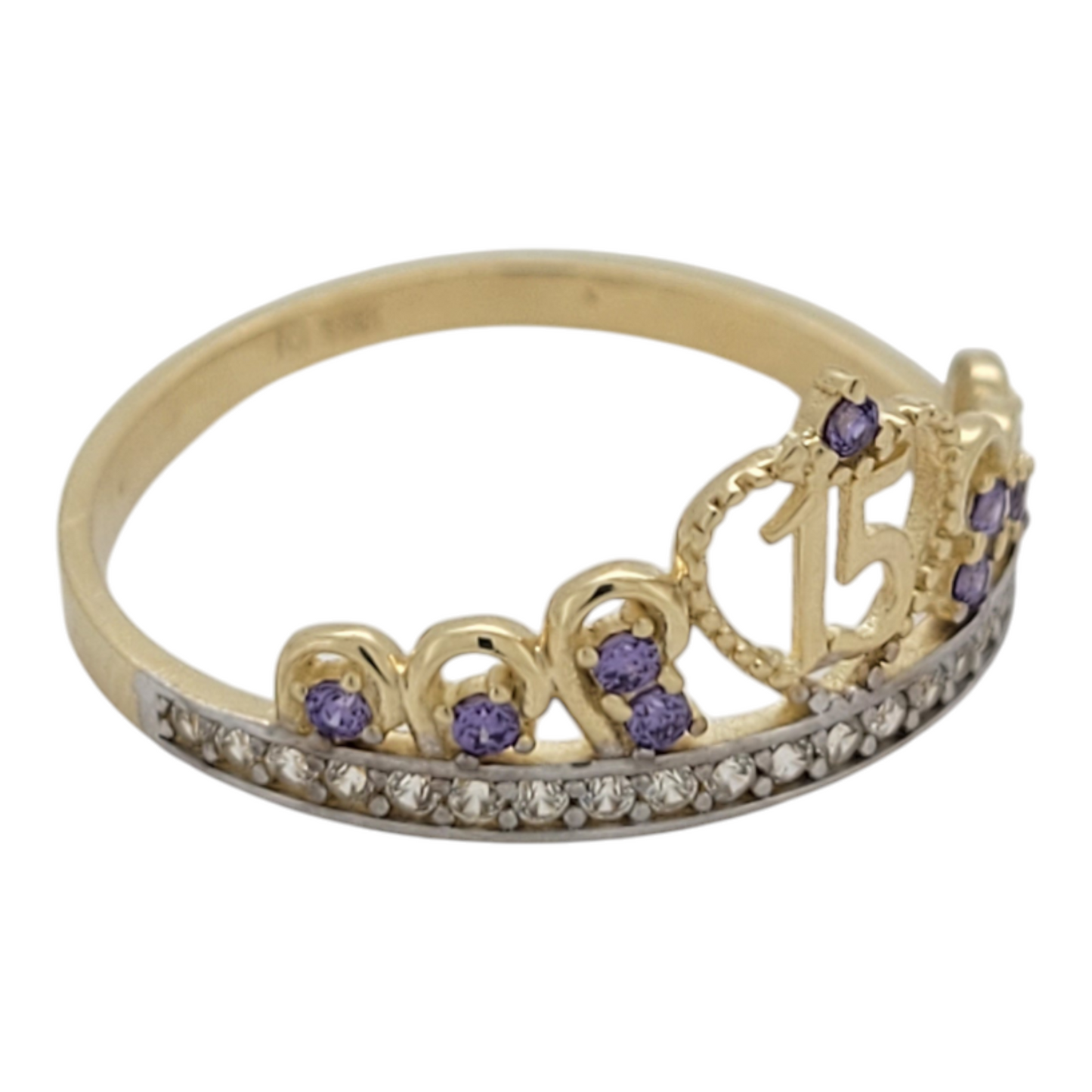 10K gold ring. Quinceanera. Crown with heart. violet CZ stone. Size 8