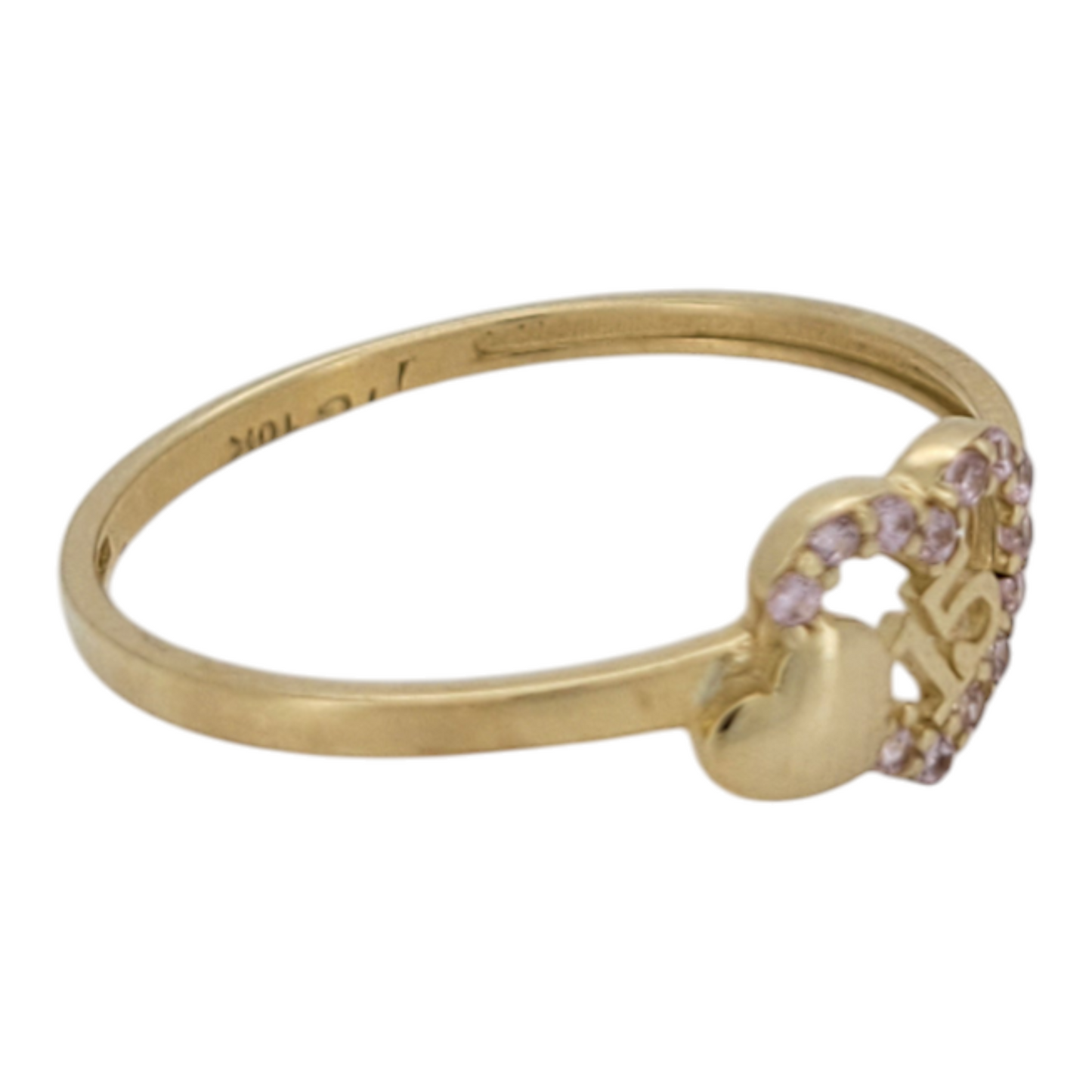 10K gold ring. Quinceañera. Pink CZ stones. Heart. Size 8
