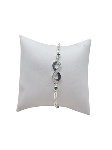 925 Sterling Silver Bracelet. Simple Infinity Symbol with Green CZ Stone. 7.5in. 3mm