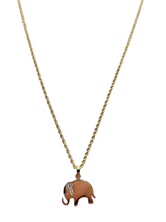 10K Gold Rope Chain. Elephant Pendant with CZ Stone. 24in. 1.5mm