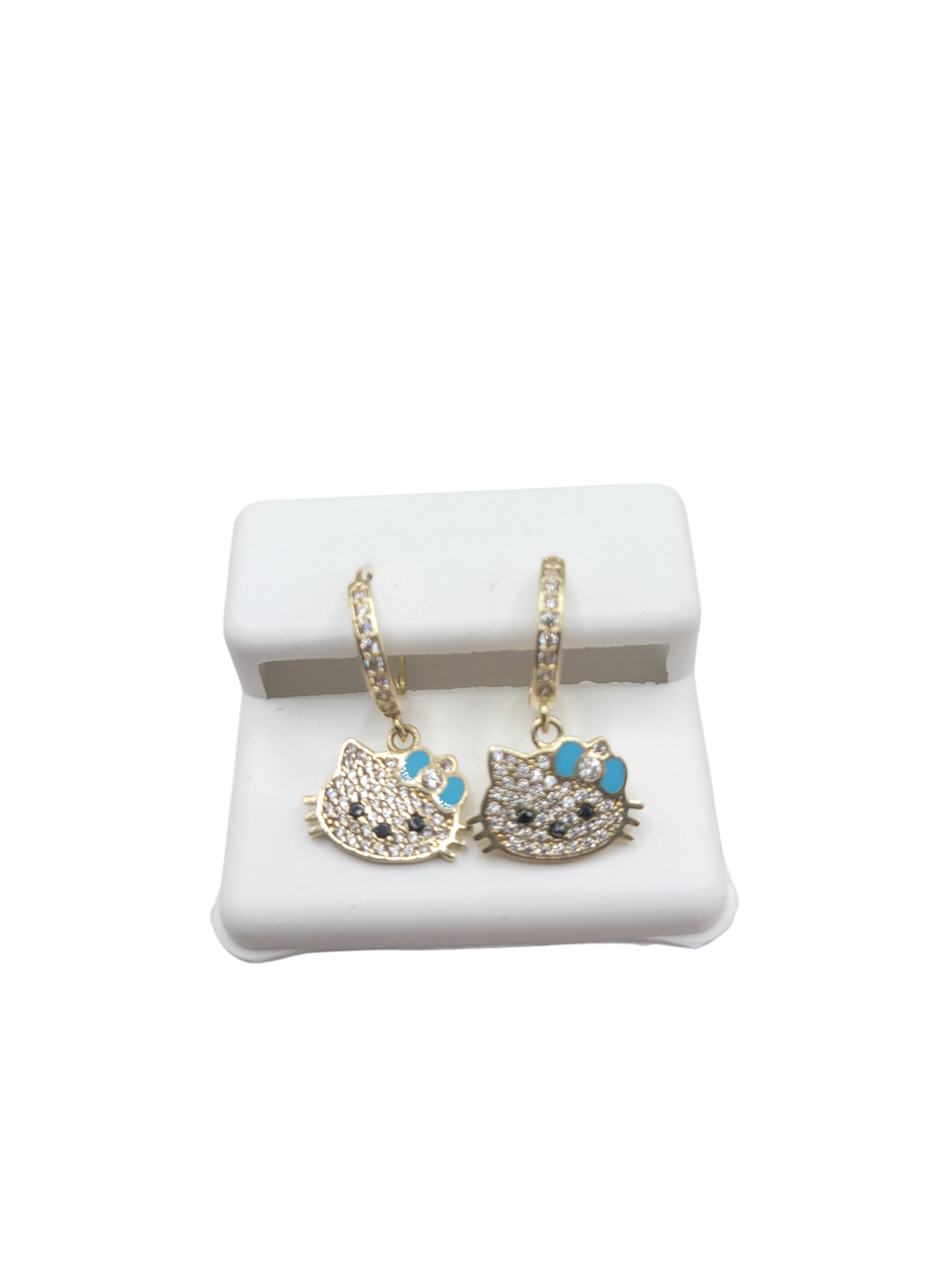 10K gold earrings. Hello Ketty. Blue bow. CZ stone.