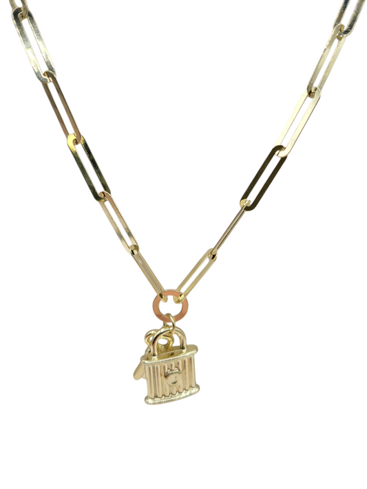 10K Gold Necklace. Lock and Key Pendant. 20in. 5mm