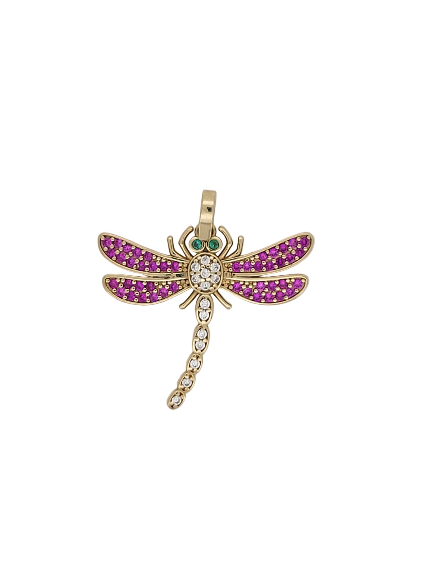 10K gold pendant. dragonfly. CZ stone