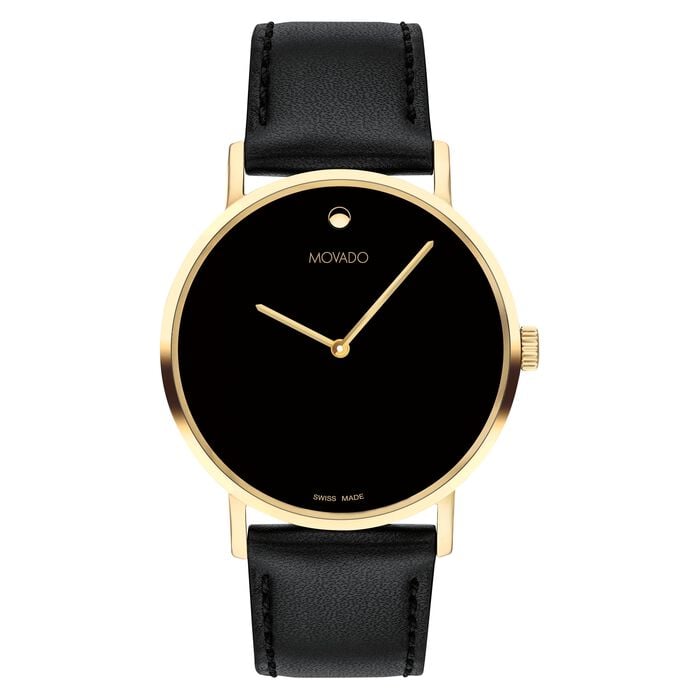 An icon of modern design, the Movado Signature watch features a 40mm yellow gold PVD stainless steel case, a black dial, and a black leather strap