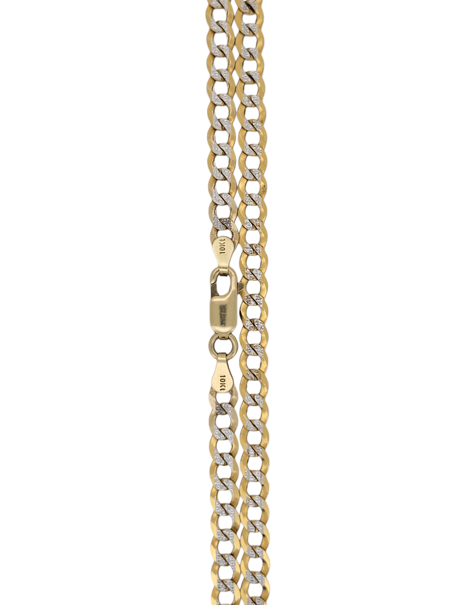 10K gold Cuban link chain. Brilliant cut style with white details. 24in. 4.5mm