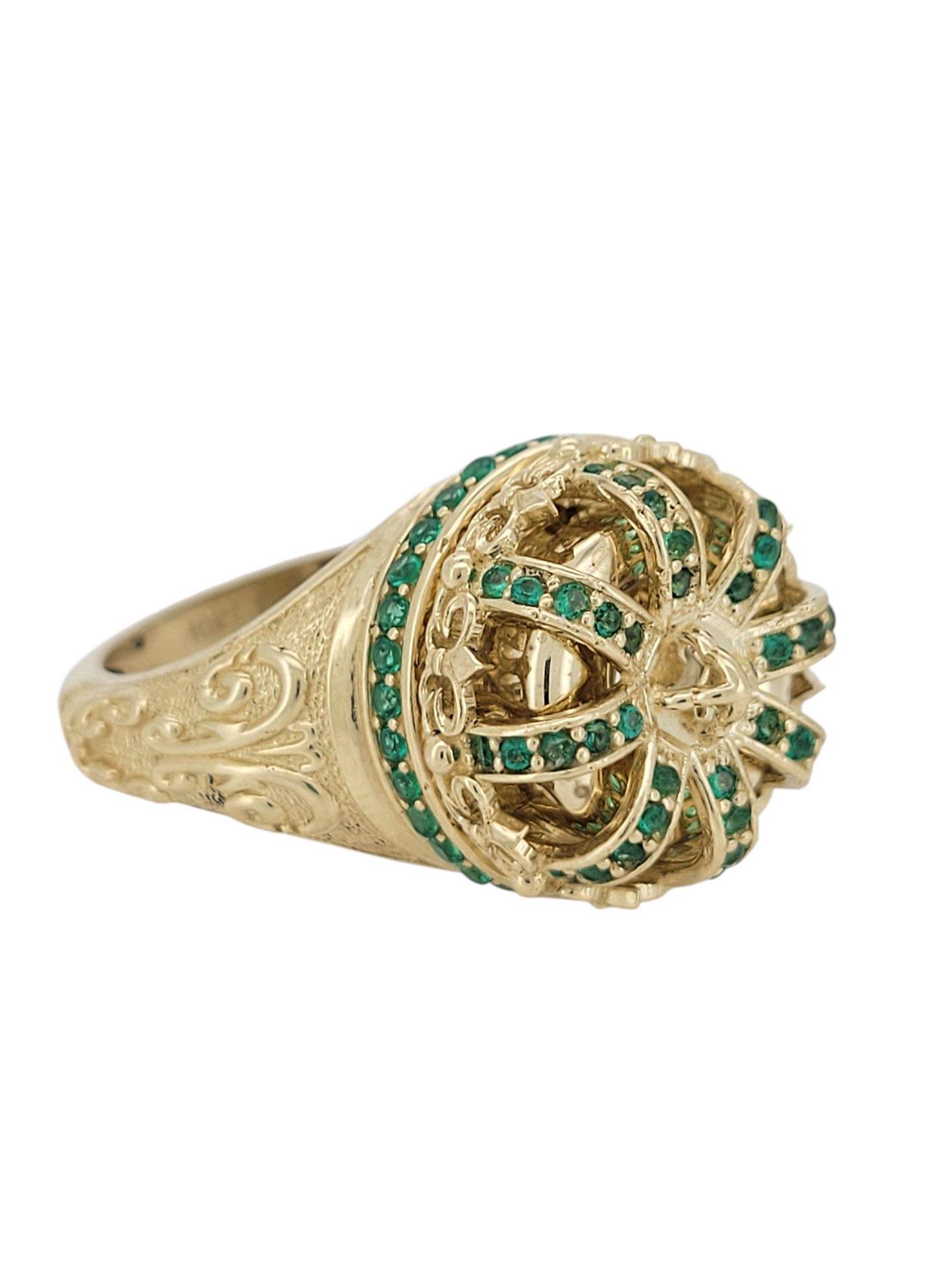 10K gold ring. Rosette with green and white CZ stones. 8.5 y 10.5