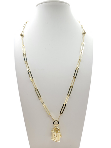 10K Gold Necklace. Lock and Key Pendant. 20in. 5mm