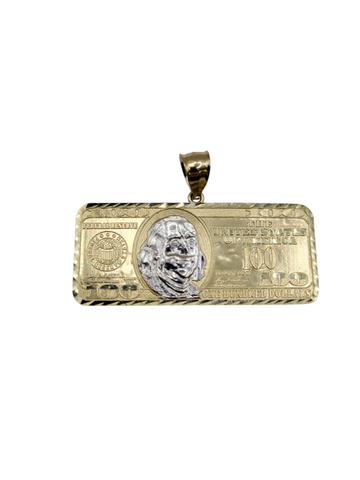 10K gold pendant. 100 dollar bill.