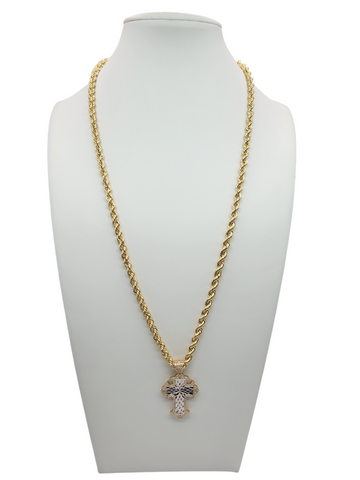 10K gold rope chain. White gold cross pendant with CZ stone. 24 inches (4 mm).