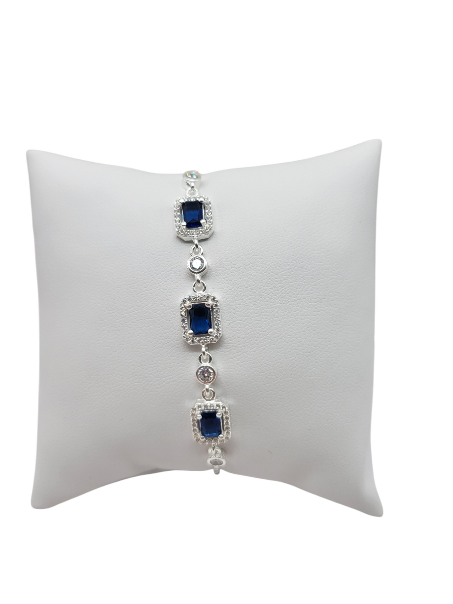 925 Sterling Silver Bezel Set. 3 Dark Blue Square CZ Stones. 10" Adjustable. 2mm