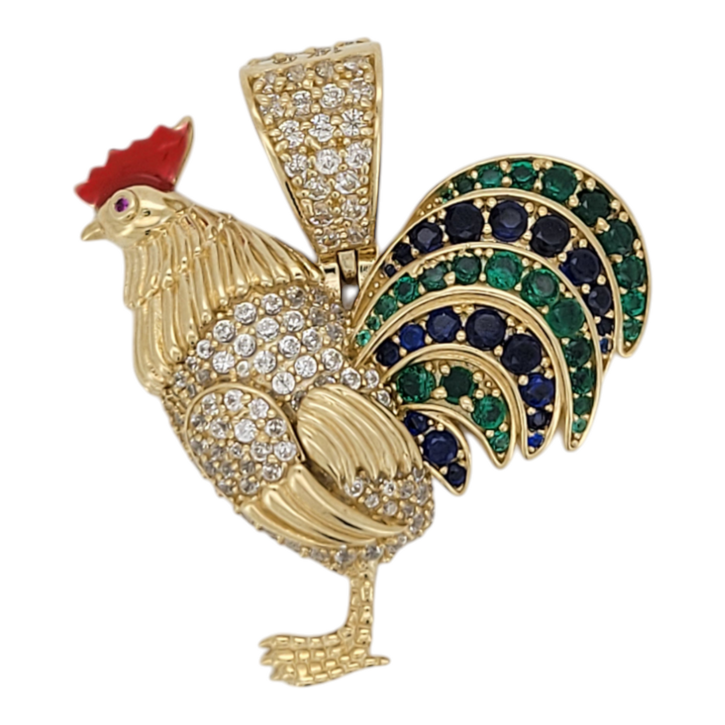 14K gold pendant. Rooster with CZ stones.